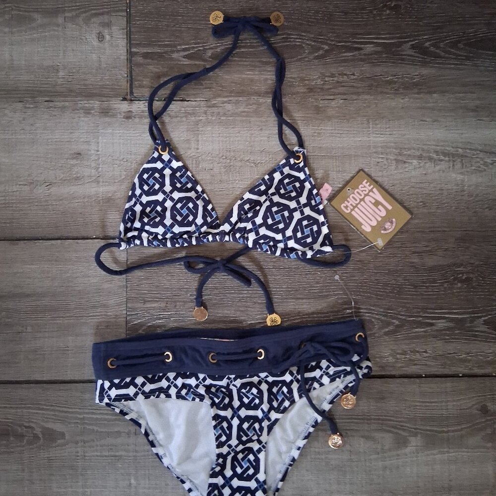 Y2K Juicy Couture Terry Bikini Nautical  2 Piece Navy White XS Petite Small